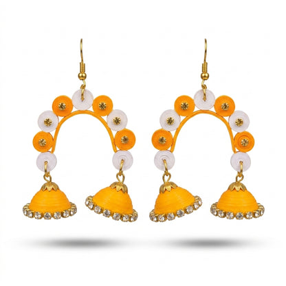 Handmade Paper Quilled Dual Arch Jhumka Earrings Orange and White with Rhinestones