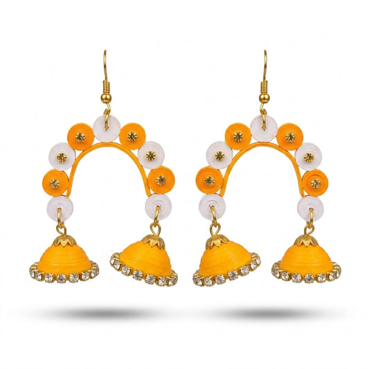 Handmade Paper Quilled Dual Arch Jhumka Earrings Orange and White with Rhinestones