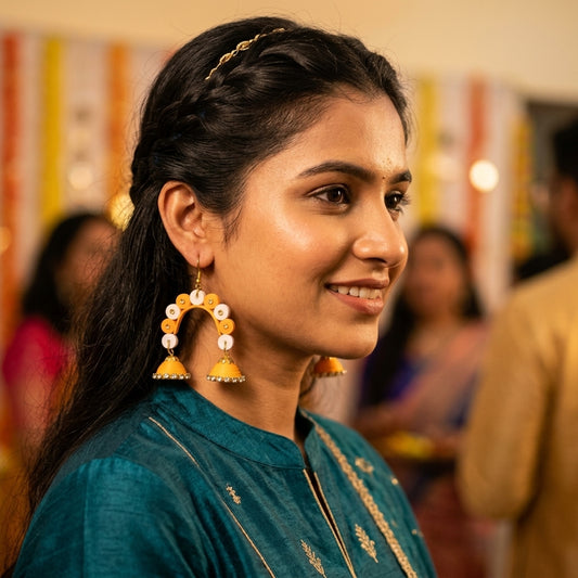 Handmade Paper Quilled Dual Arch Jhumka Earrings Orange and White with Rhinestones