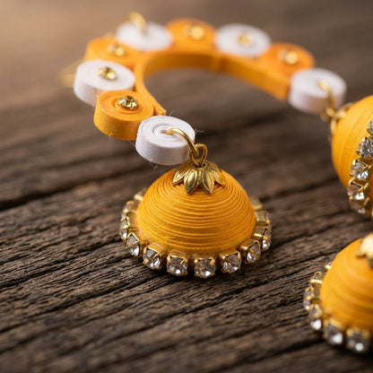 Handmade Paper Quilled Dual Arch Jhumka Earrings Orange and White with Rhinestones