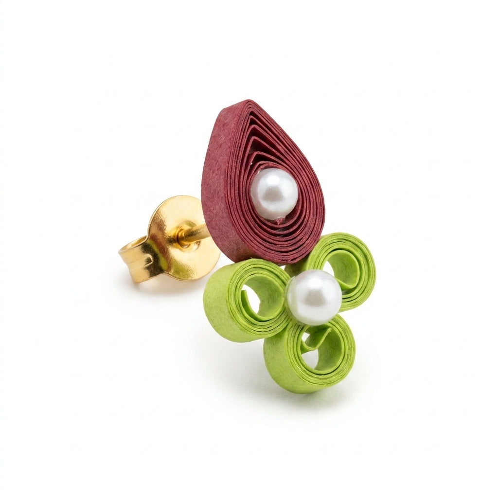 Handmade Paper Quilled Teardrop Stud Earrings Maroon and Green with Pearl