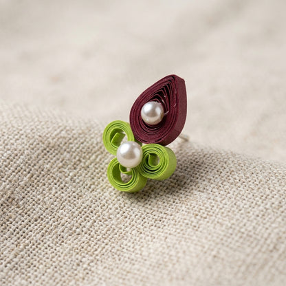Handmade Paper Quilled Teardrop Stud Earrings Maroon and Green with Pearl