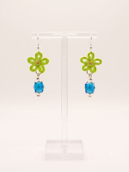 Handmade Paper Quilled Neon Green Flower Dangle Earrings with Blue Crystal Bead