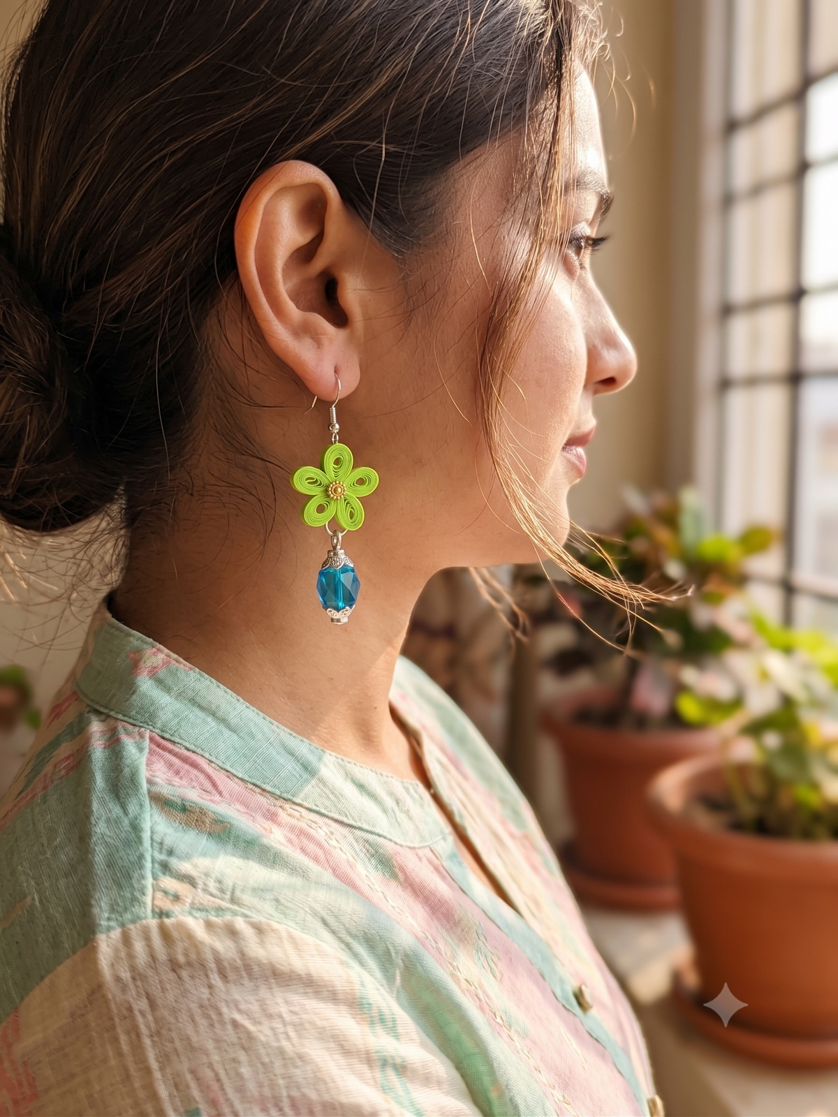 Handmade Paper Quilled Neon Green Flower Dangle Earrings with Blue Crystal Bead