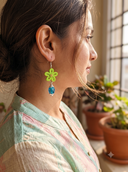 Handmade Paper Quilled Neon Green Flower Dangle Earrings with Blue Crystal Bead