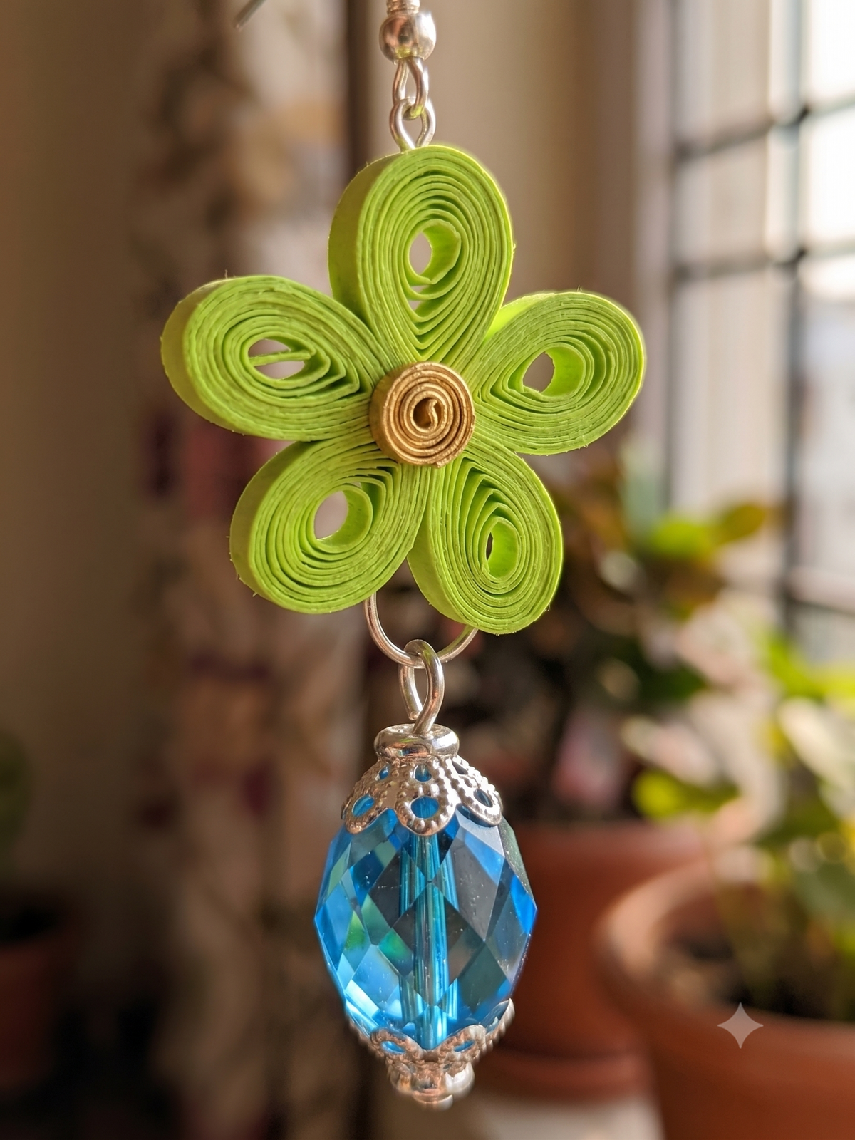 Handmade Paper Quilled Neon Green Flower Dangle Earrings with Blue Crystal Bead