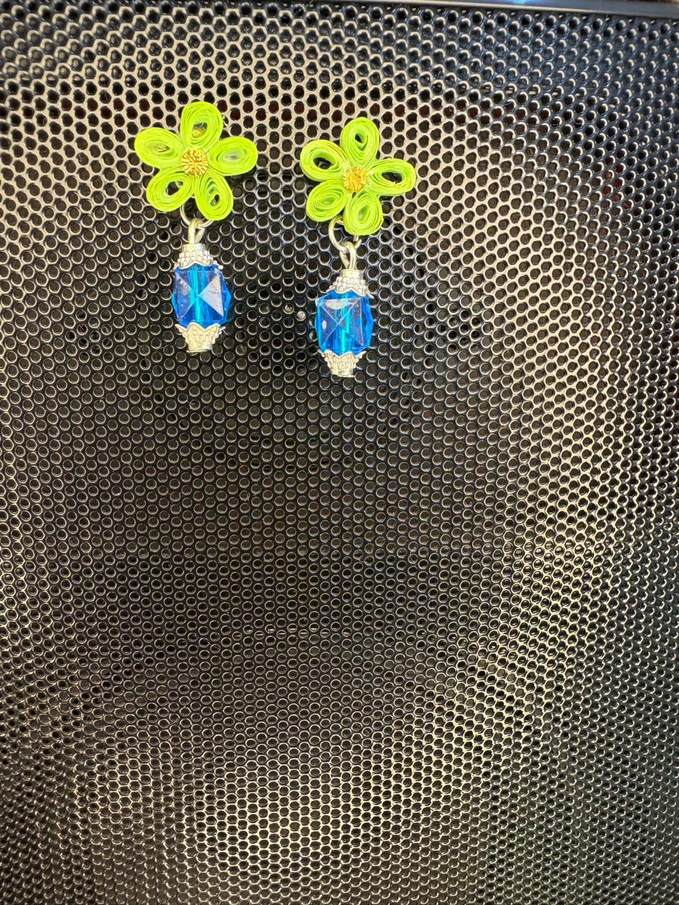 Handmade Paper Quilled Neon Green Flower Dangle Earrings with Blue Crystal Bead