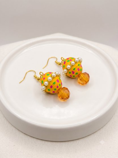 Handmade Paper Quilled 3D Spherical Saturn Globe Dangle Earrings Yellow with Pearls