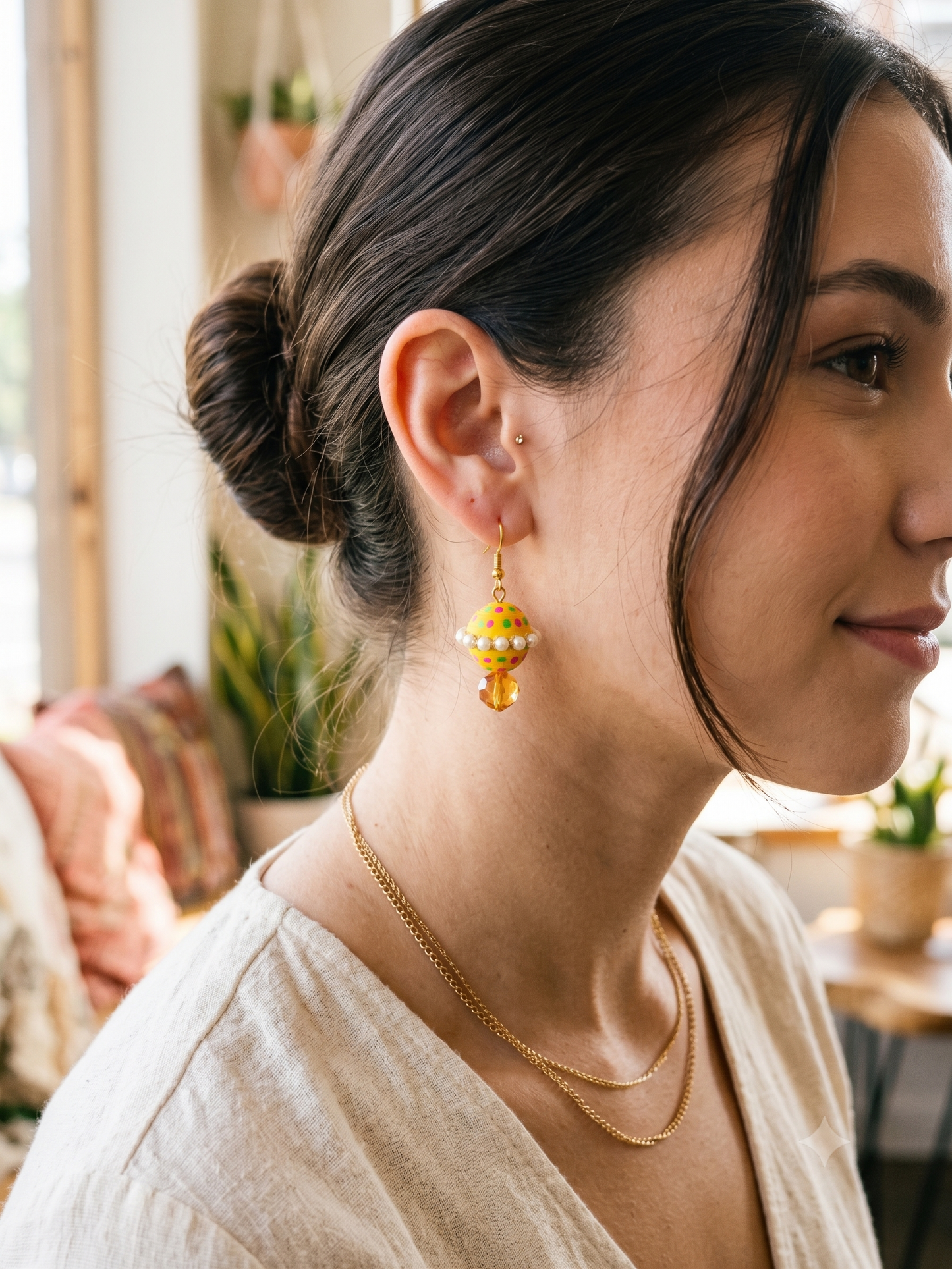 Handmade Paper Quilled 3D Spherical Saturn Globe Dangle Earrings Yellow with Pearls