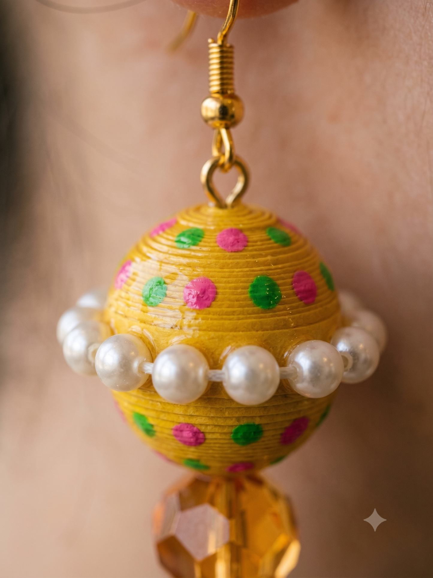 Handmade Paper Quilled 3D Spherical Saturn Globe Dangle Earrings Yellow with Pearls