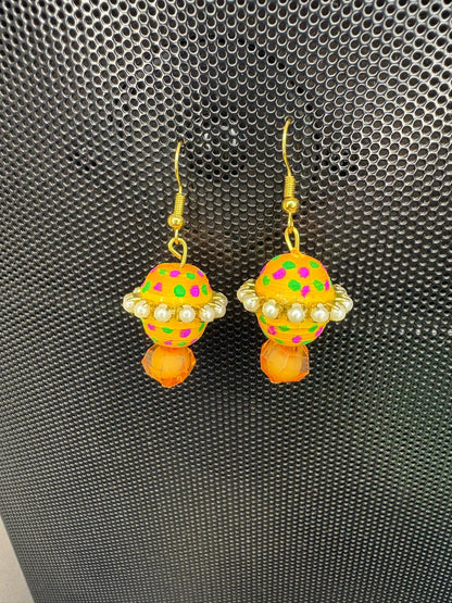 Handmade Paper Quilled 3D Spherical Saturn Globe Dangle Earrings Yellow with Pearls