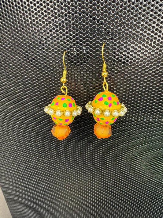 Handmade Paper Quilled 3D Spherical Saturn Globe Dangle Earrings Yellow with Pearls