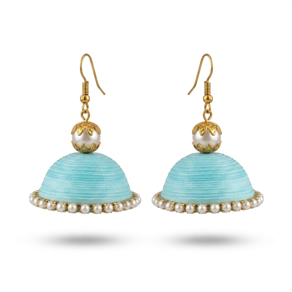 Handmade Paper Quilled Sky Blue Dome Jhumka Dangle Earrings with Pearl Border