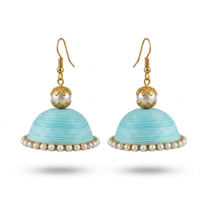 Handmade Paper Quilled Sky Blue Dome Jhumka Dangle Earrings with Pearl Border