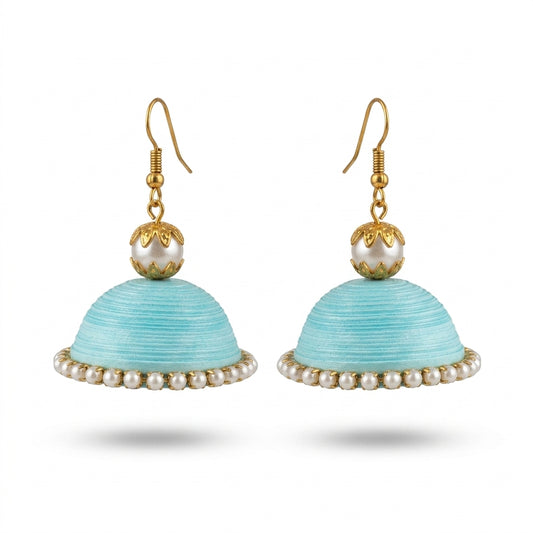 Handmade Paper Quilled Sky Blue Dome Jhumka Dangle Earrings with Pearl Border