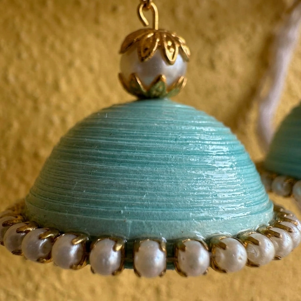 Handmade Paper Quilled Sky Blue Dome Jhumka Dangle Earrings with Pearl Border