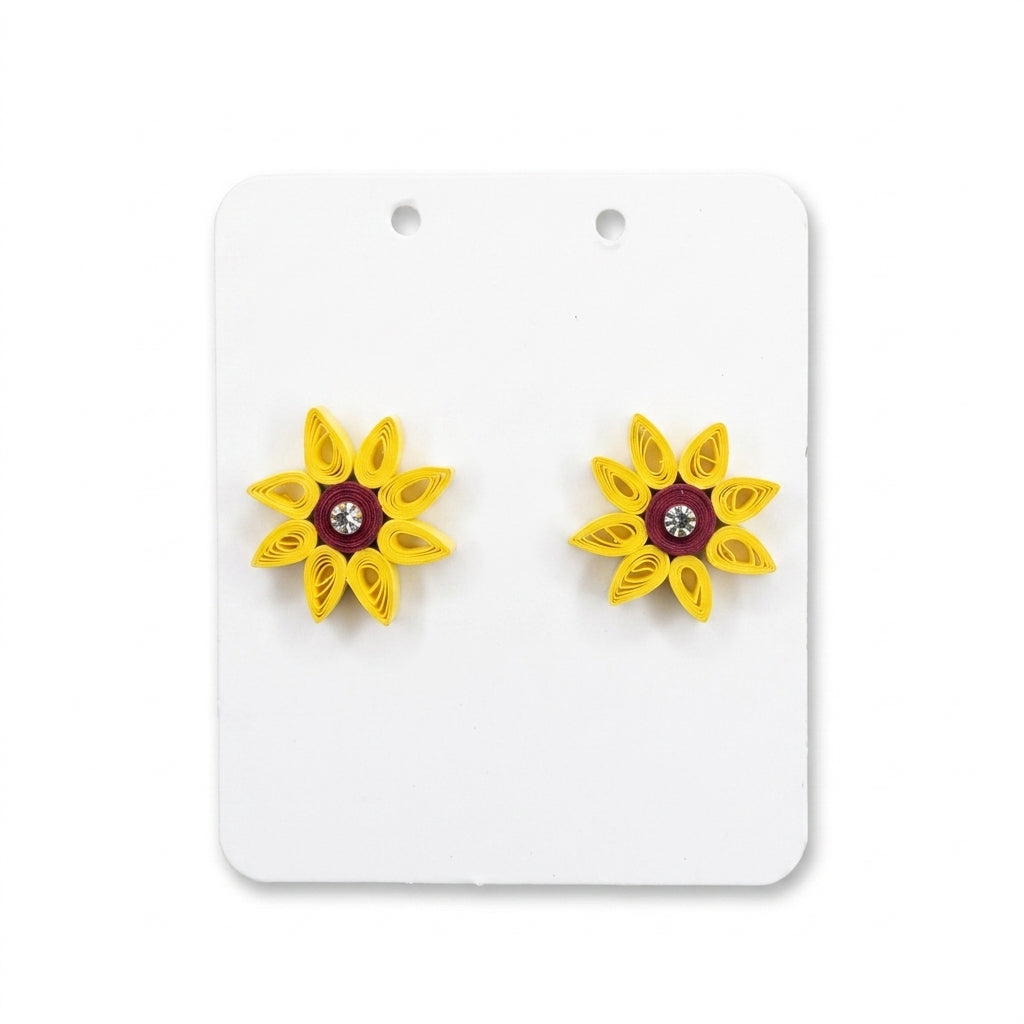 Handmade Paper Quilled Yellow Daisy Flower Stud Earrings with Maroon Center