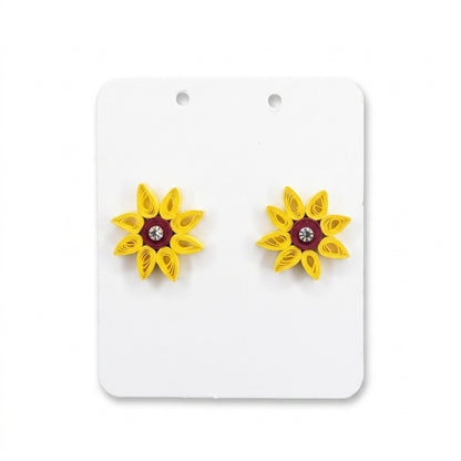 Handmade Paper Quilled Yellow Daisy Flower Stud Earrings with Maroon Center