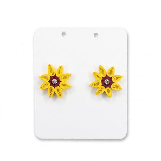 Handmade Paper Quilled Yellow Daisy Flower Stud Earrings with Maroon Center