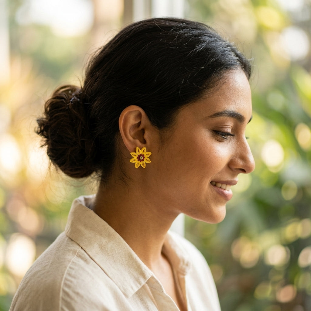 Handmade Paper Quilled Yellow Daisy Flower Stud Earrings with Maroon Center