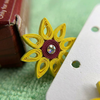 Handmade Paper Quilled Yellow Daisy Flower Stud Earrings with Maroon Center