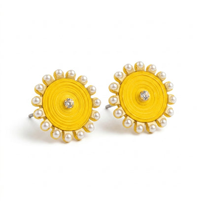 Handmade Paper Quilled Yellow Sunburst Stud Earrings with White Pearl Rim