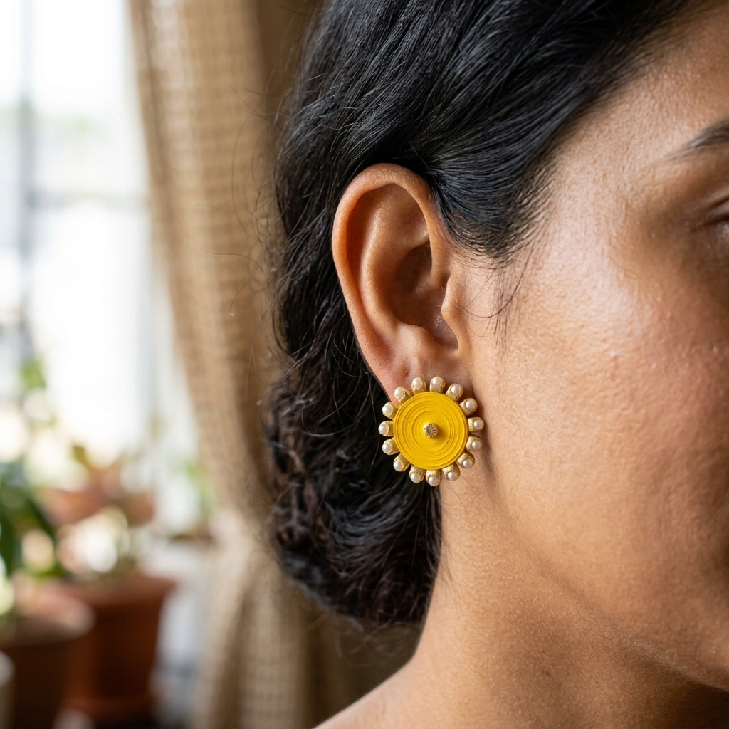 Handmade Paper Quilled Yellow Sunburst Stud Earrings with White Pearl Rim