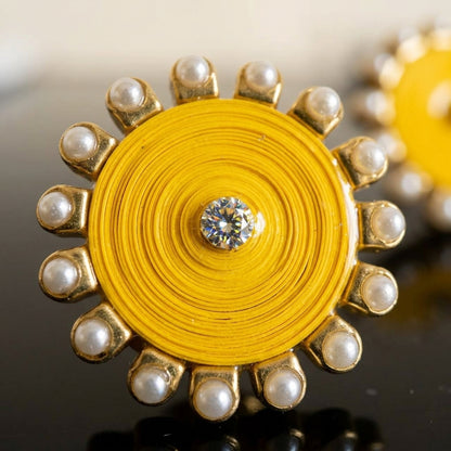 Handmade Paper Quilled Yellow Sunburst Stud Earrings with White Pearl Rim
