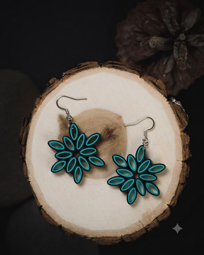Tannvi's Collections Handmade Paper Quilled Snowflake Starburst Dangle Earrings - Cyan Teal & Black