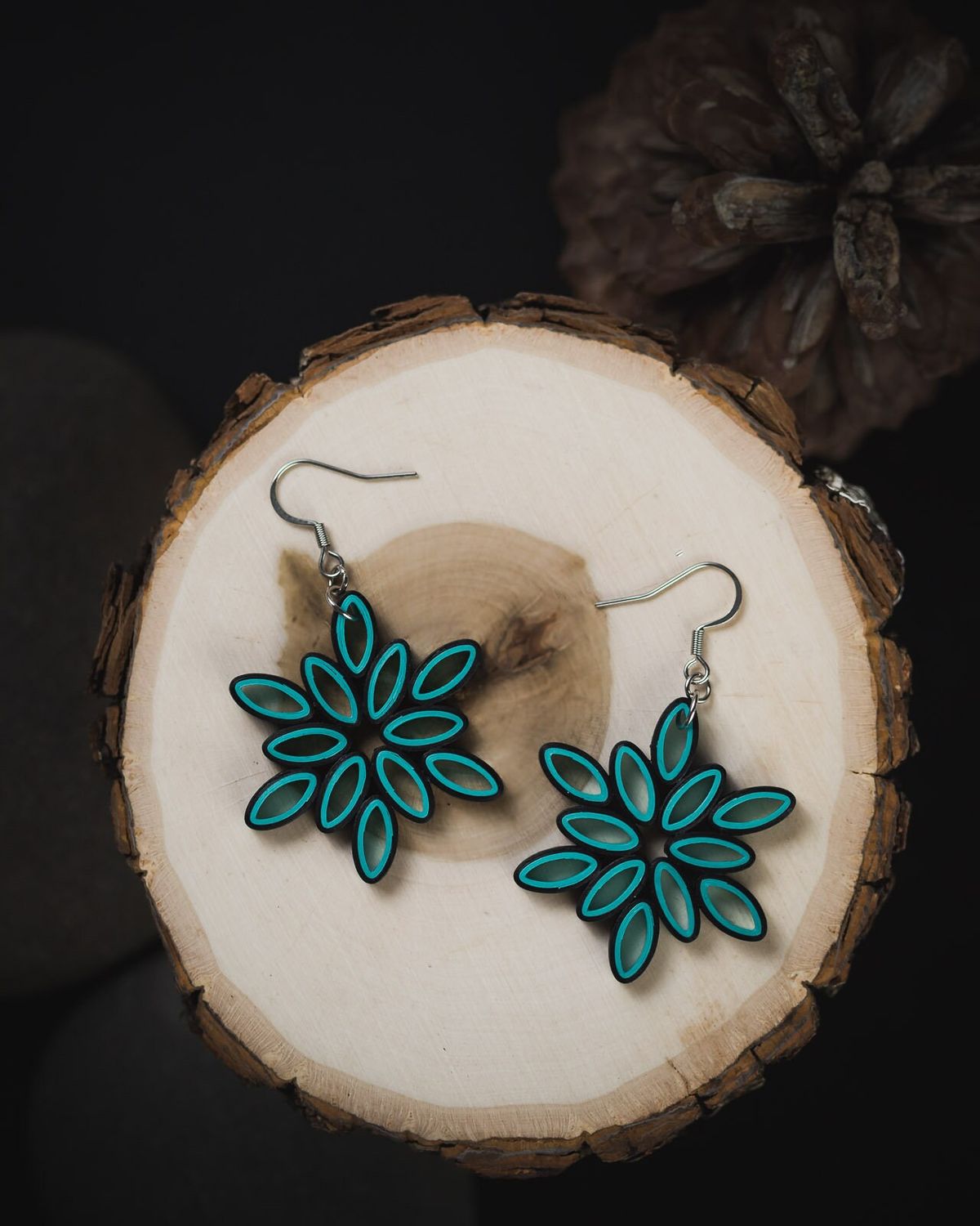 Tannvi's Collections Handmade Paper Quilled Snowflake Starburst Dangle Earrings - Cyan Teal & Black