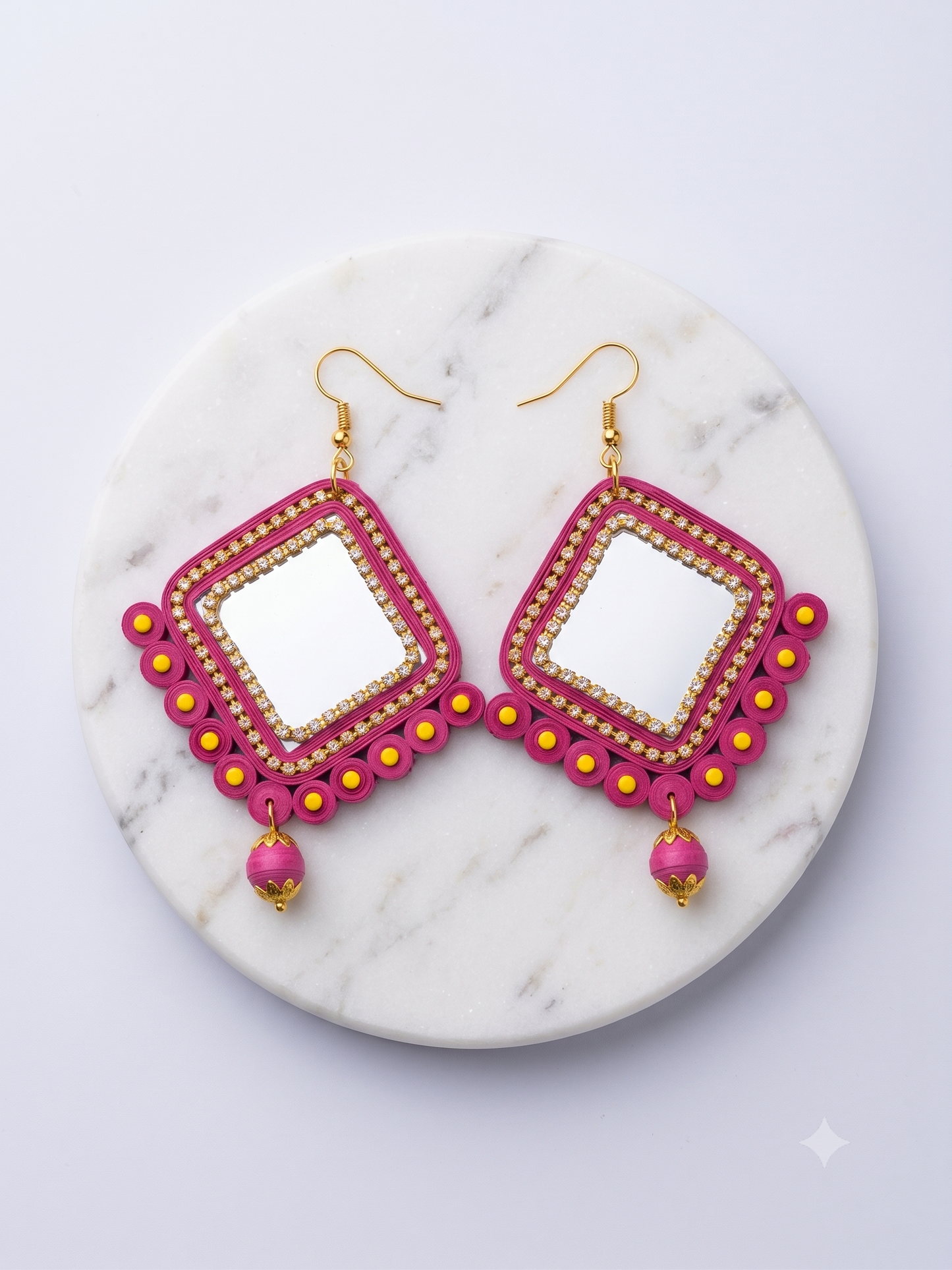 Handmade Paper Quilled Floral Mandala Drop Earrings Pink and Gold