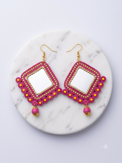 Handmade Paper Quilled Floral Mandala Drop Earrings Pink and Gold