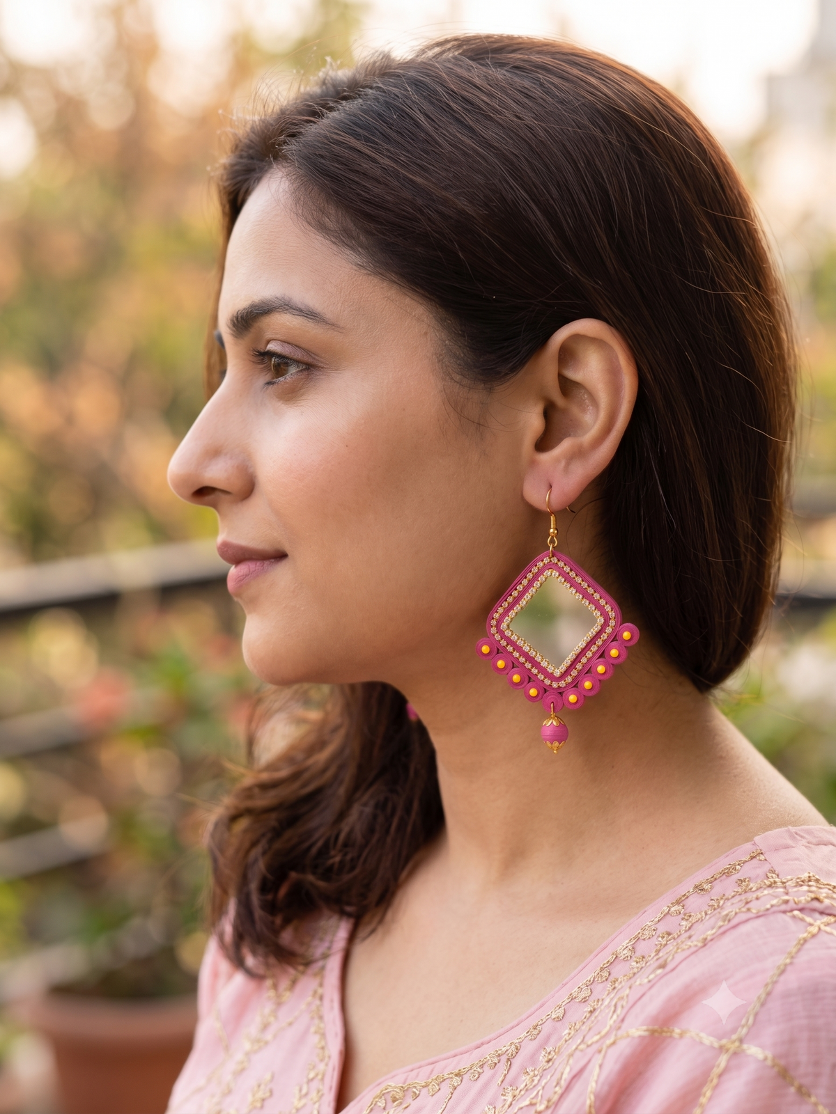 Handmade Paper Quilled Floral Mandala Drop Earrings Pink and Gold