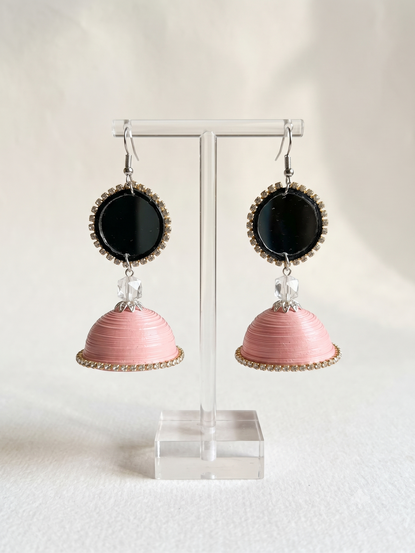 Tannvi's Collections Handmade Paper Quilled Round Mirror Stud Jhumka Earrings - Pastel Baby Pink & Crystal