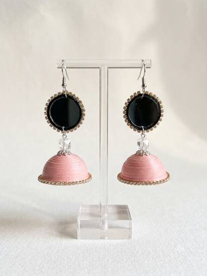 Tannvi's Collections Handmade Paper Quilled Round Mirror Stud Jhumka Earrings - Pastel Baby Pink & Crystal