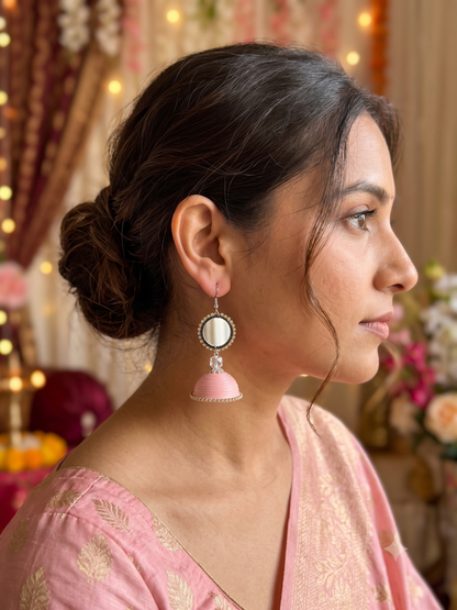 Tannvi's Collections Handmade Paper Quilled Round Mirror Stud Jhumka Earrings - Pastel Baby Pink & Crystal