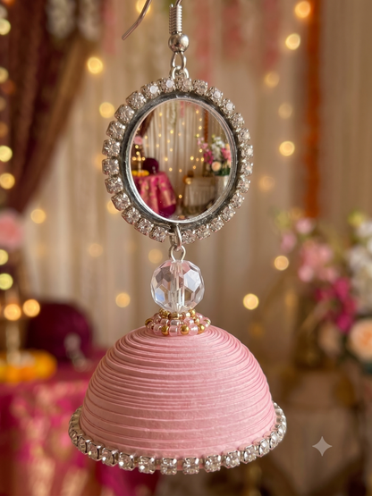 Tannvi's Collections Handmade Paper Quilled Round Mirror Stud Jhumka Earrings - Pastel Baby Pink & Crystal