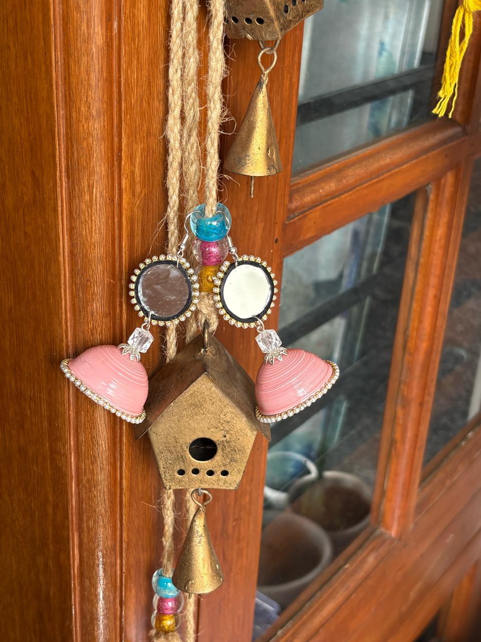 Tannvi's Collections Handmade Paper Quilled Round Mirror Stud Jhumka Earrings - Pastel Baby Pink & Crystal
