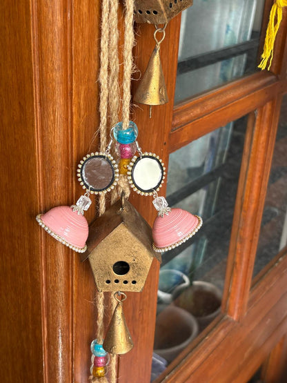 Tannvi's Collections Handmade Paper Quilled Round Mirror Stud Jhumka Earrings - Pastel Baby Pink & Crystal