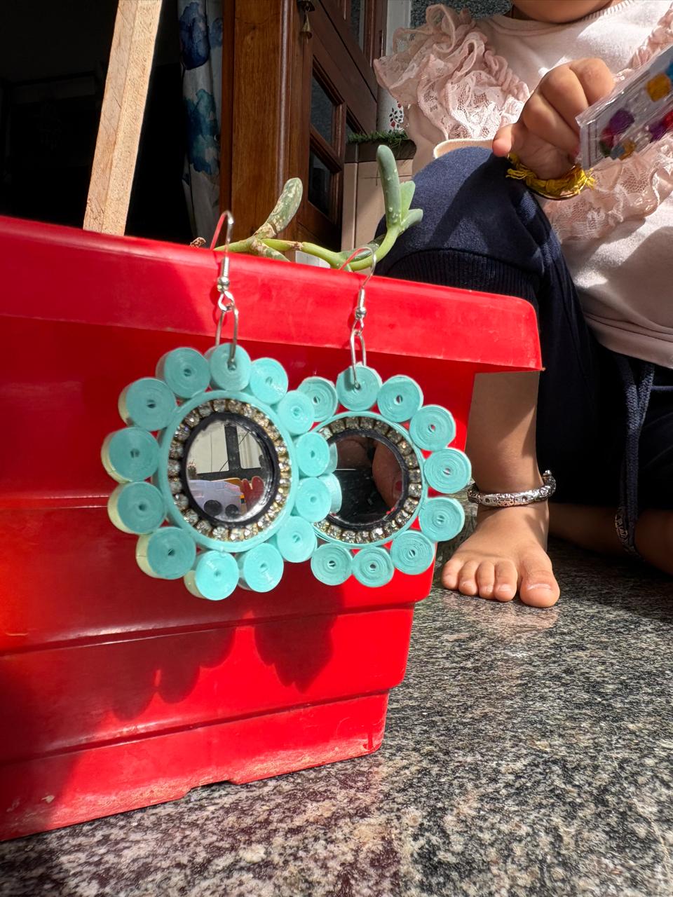 Handmade Paper Quilled Geometric Hexagon Dangle Earrings Teal and Coral