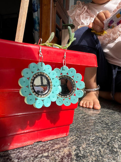 Handmade Paper Quilled Geometric Hexagon Dangle Earrings Teal and Coral