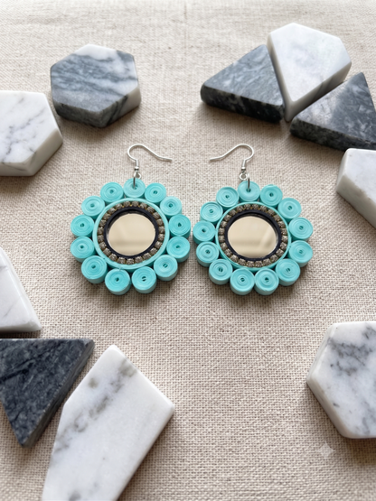 Handmade Paper Quilled Geometric Hexagon Dangle Earrings Teal and Coral