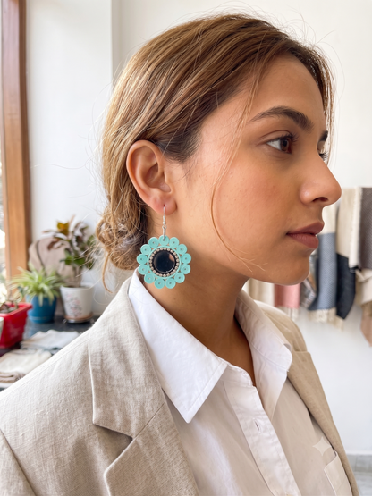 Handmade Paper Quilled Geometric Hexagon Dangle Earrings Teal and Coral