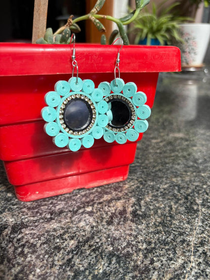 Handmade Paper Quilled Geometric Hexagon Dangle Earrings Teal and Coral