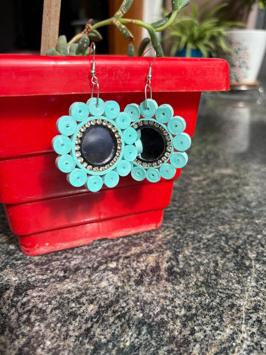 Handmade Paper Quilled Geometric Hexagon Dangle Earrings Teal and Coral