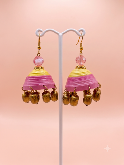 Handmade Paper Quilled 3D Layered Lotus Dangle Earrings Magenta and White