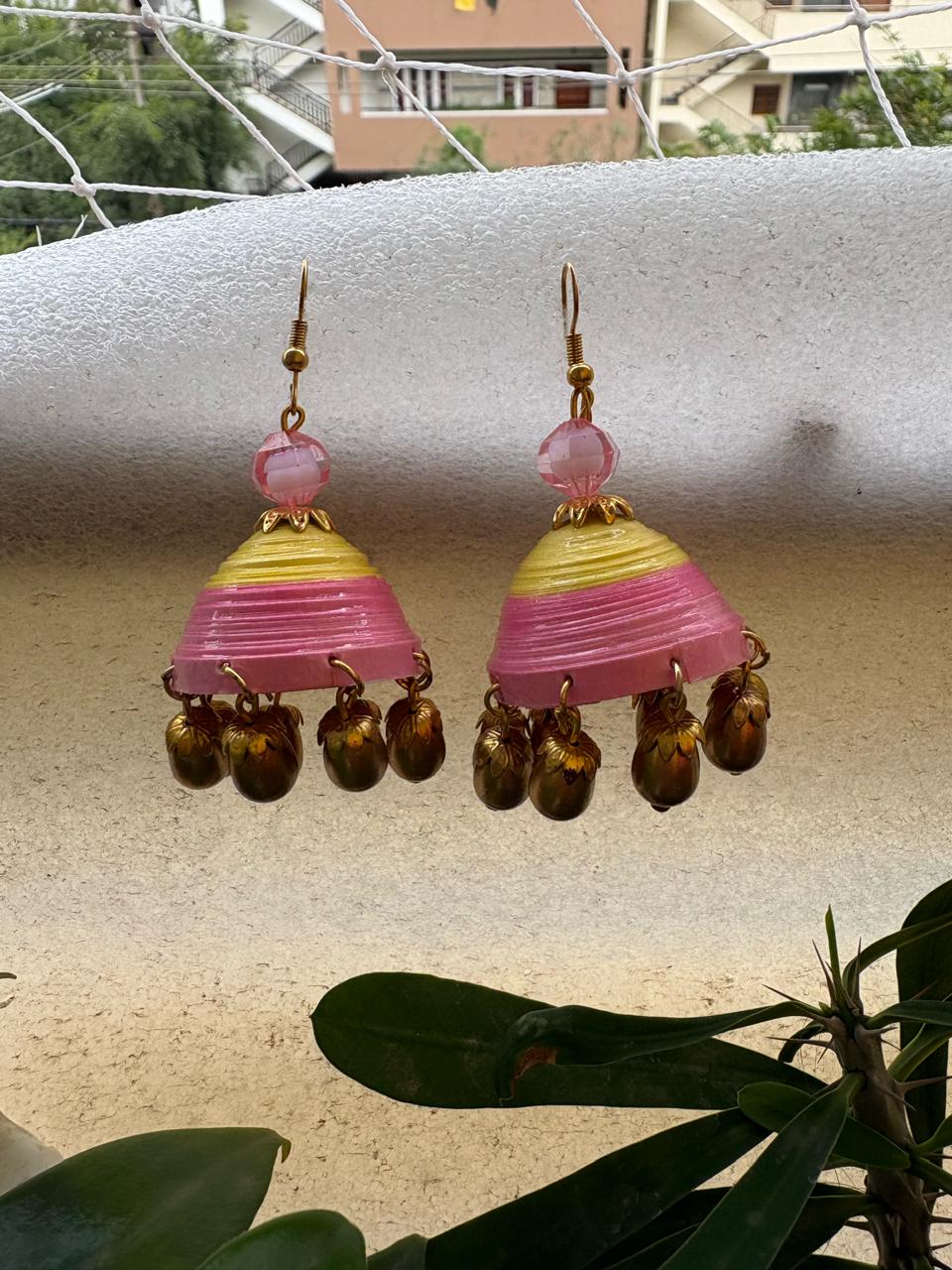 Handmade Paper Quilled 3D Layered Lotus Dangle Earrings Magenta and White