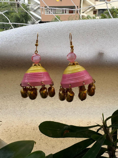 Handmade Paper Quilled 3D Layered Lotus Dangle Earrings Magenta and White