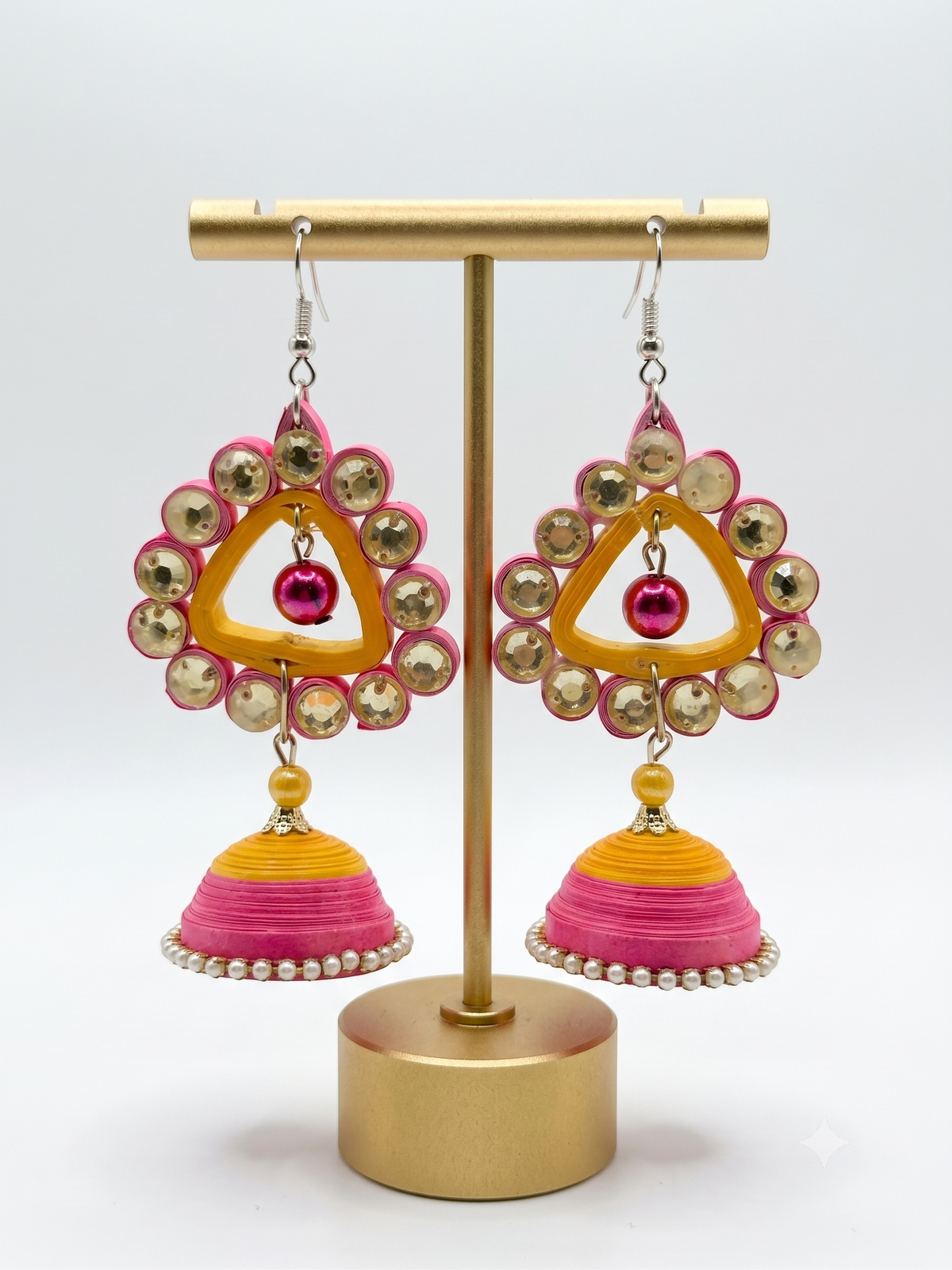 Tannvi's Collections Handmade Paper Quilled Triangle Chandelier Jhumka Earrings - Yellow & Pink with Rhinestones