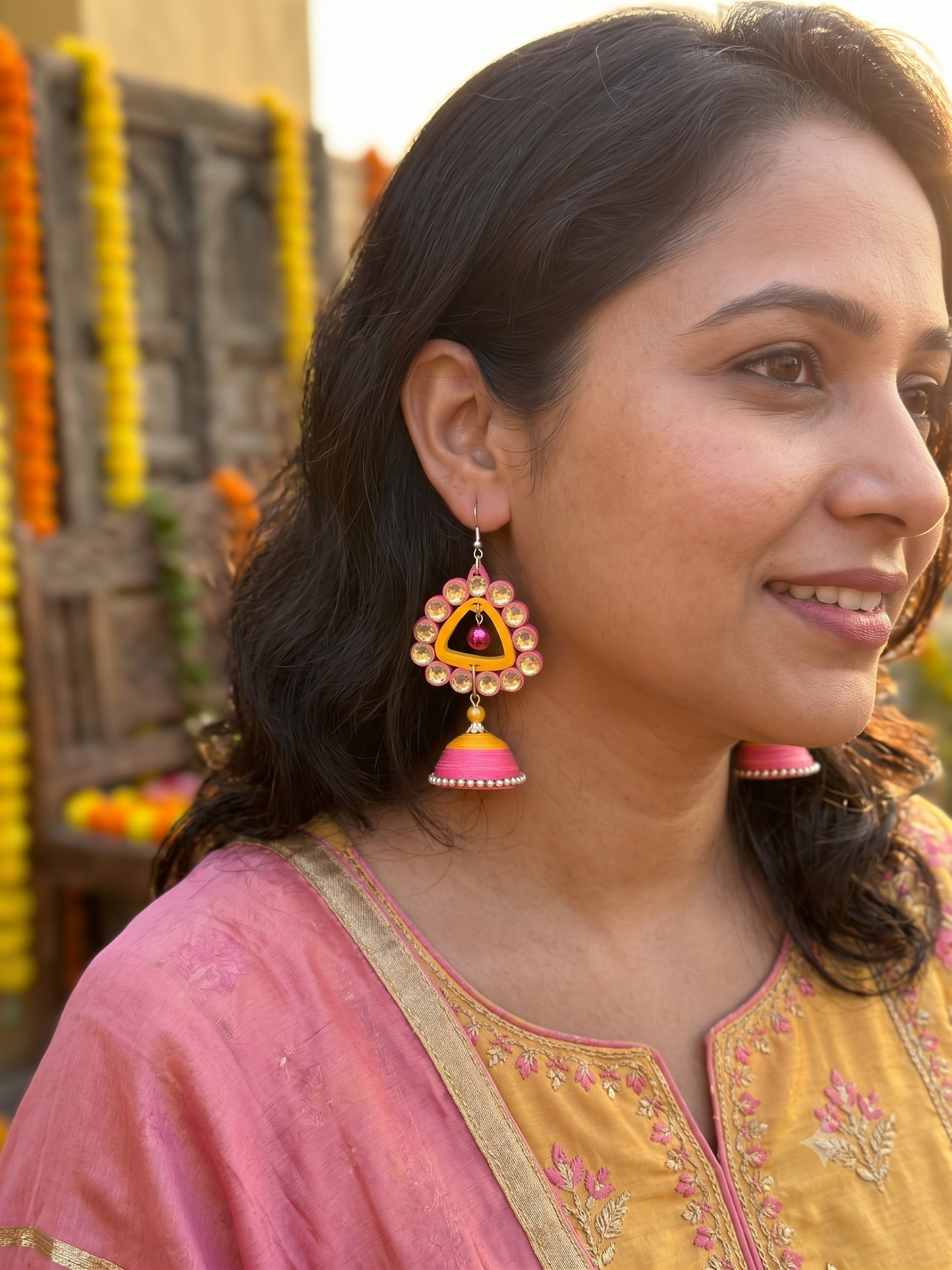 Tannvi's Collections Handmade Paper Quilled Triangle Chandelier Jhumka Earrings - Yellow & Pink with Rhinestones